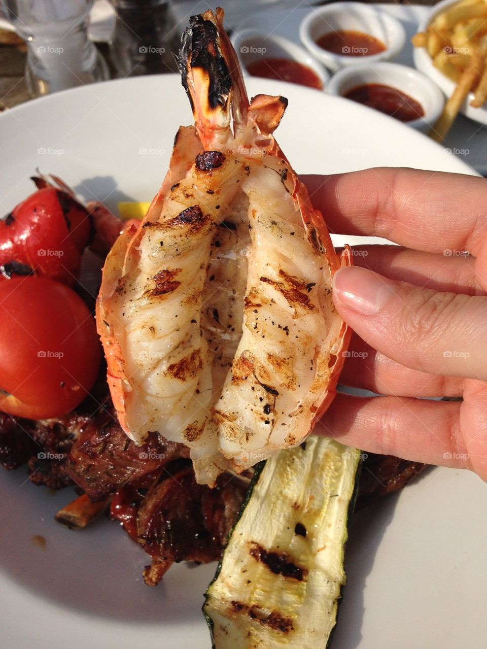 Giant prawn and vegetables meal 