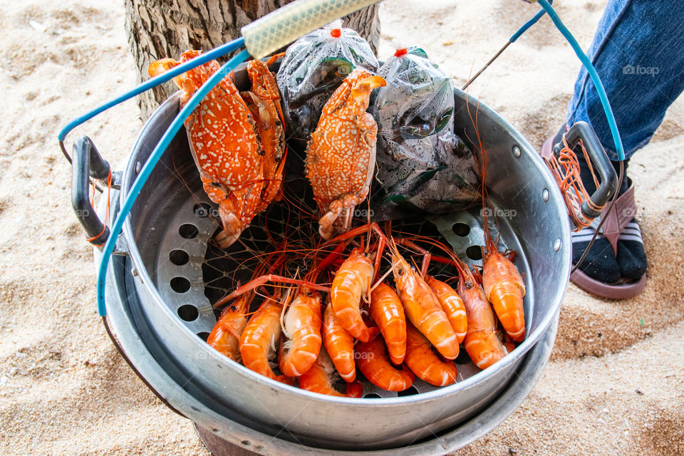 fresh prepared Thai seafood for Sale at a beach in Thailand Southeast Asia