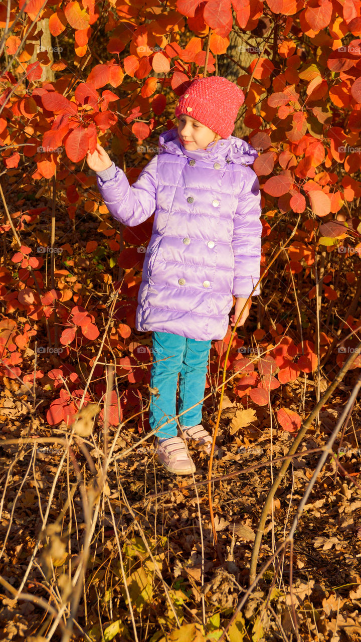 child against red leaves