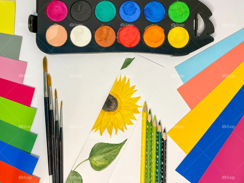 Your best flat lays .painting and drawing materials on a white background. 