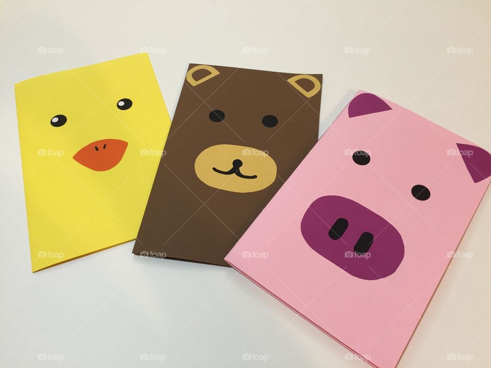 Ducky, bear, piggy, animals, notebooks, pink, yellow, brown, table top, paper