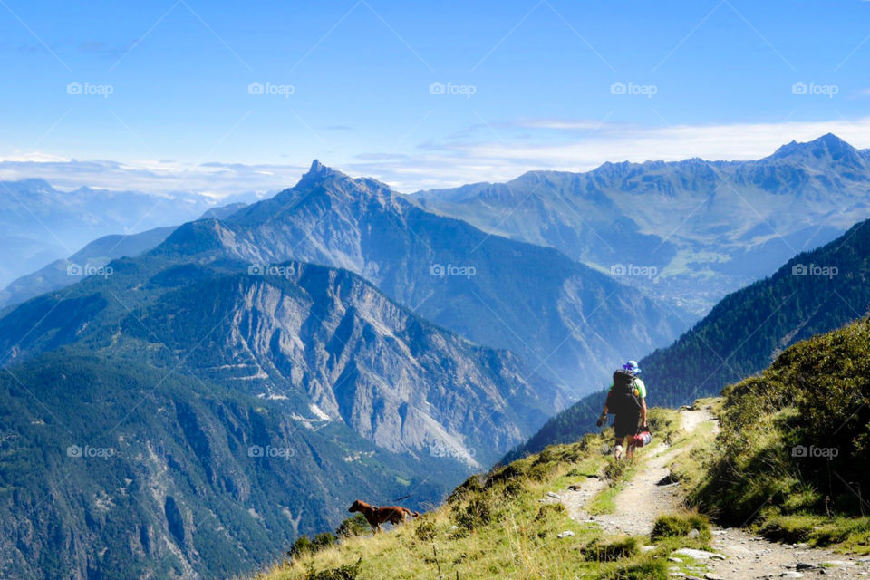 hiker with dog, swiss/french alps. 