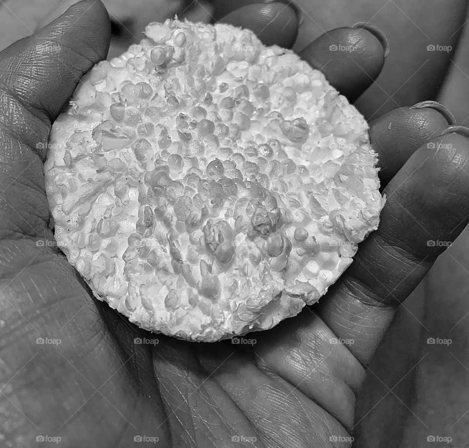 a piece of foam in the hand