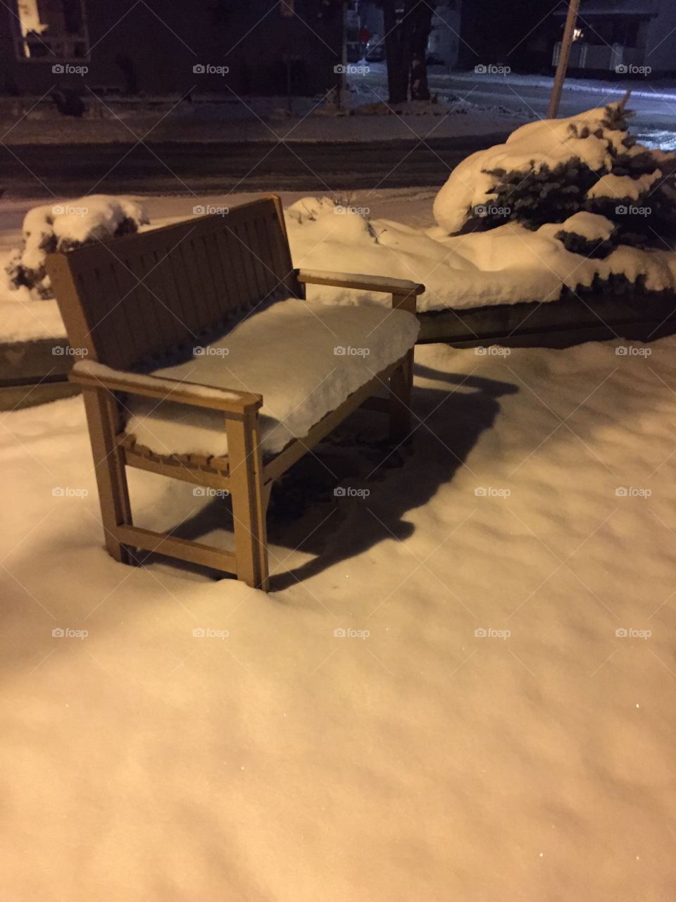 Bench resting quietly with a brand new blanket of snow on disturbed awaiting a better day To be yet again occupied.