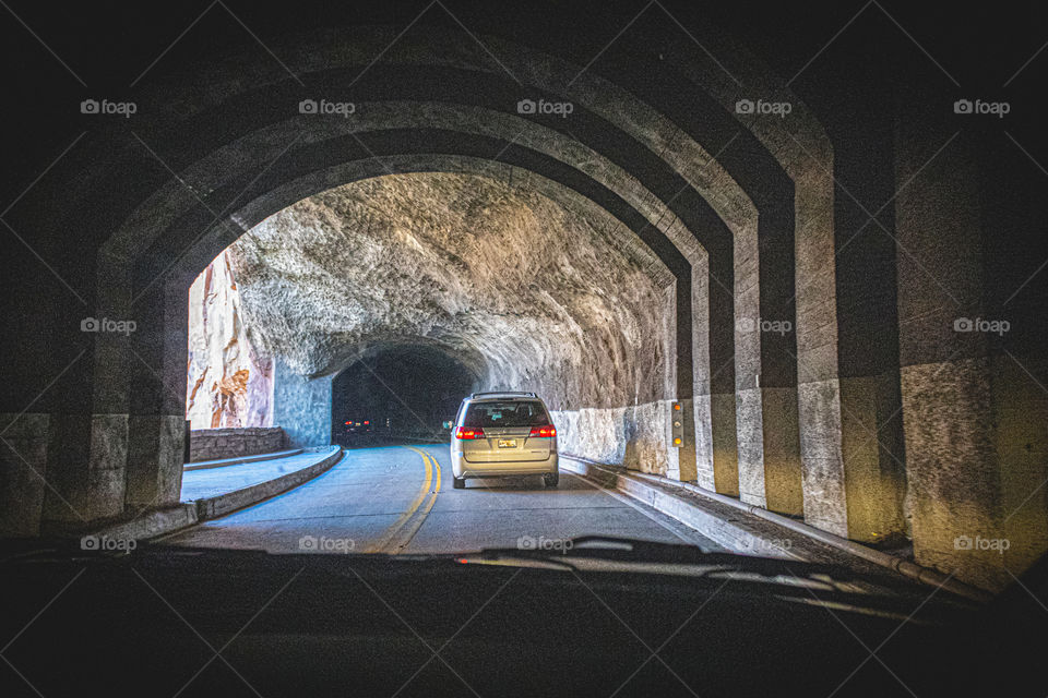 Driving through a tunnel at Zion National Park 