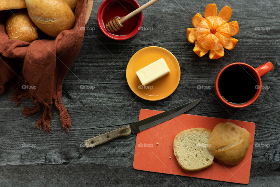 Flat lay fall colors breakfast 