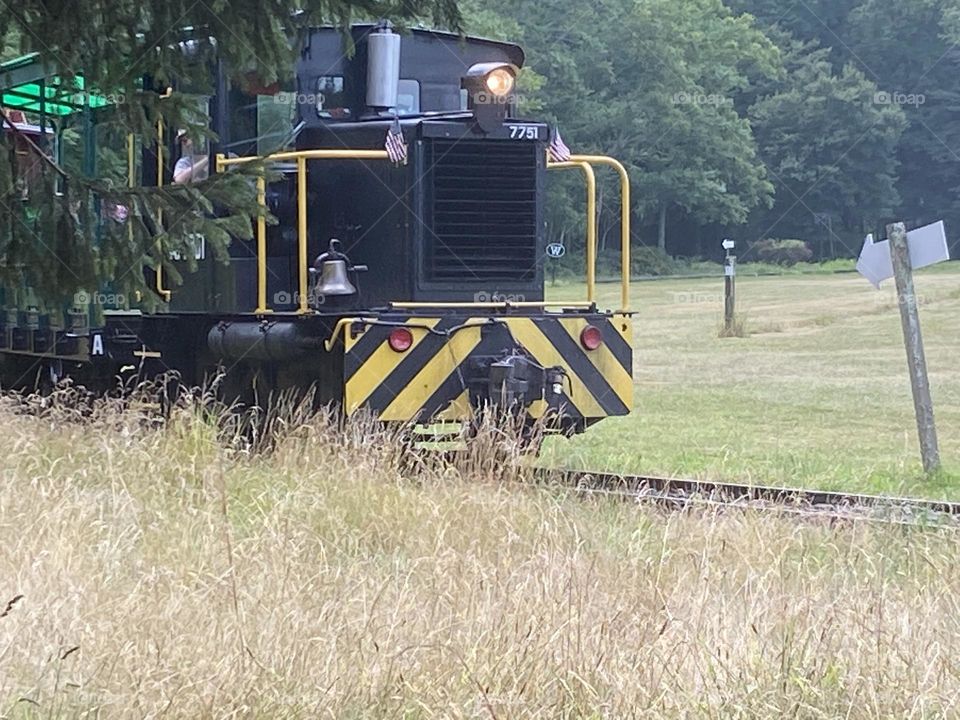 Train coming around the tracks as viewed from the walking path adjacent to the tracks. Taken at a local park. All aboard! 