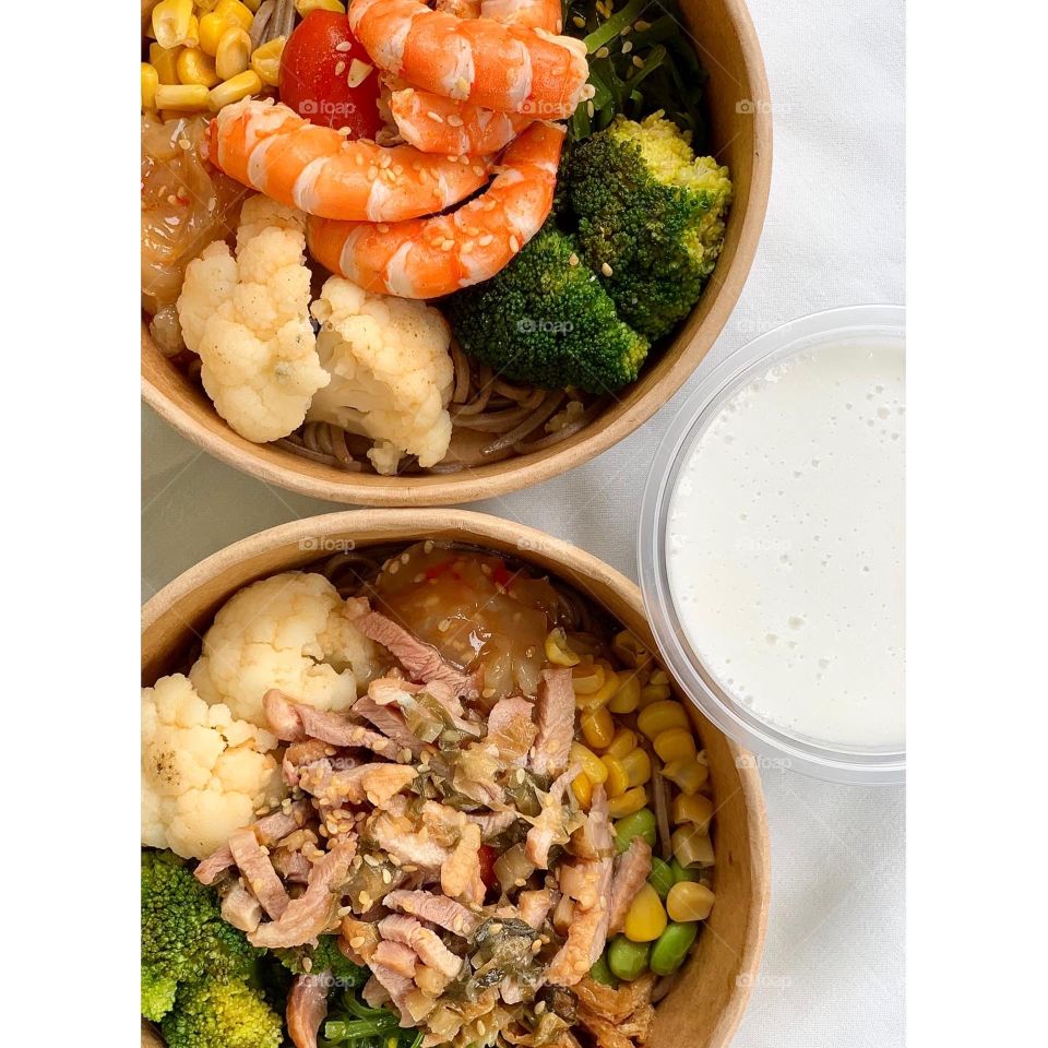 Tom yum prawns salad, mui chye duck salad and different drinks like purple rice shake, avocado milk, pandan milk, citrus and original coconut milkshake