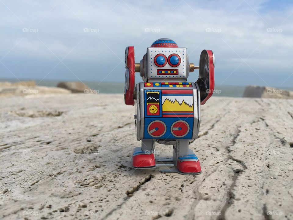 My sweet tin toy robot on the rocks