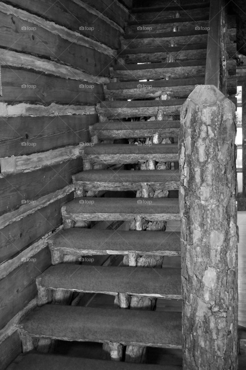 Wood stairs in old cabin. Photo taken at Woolaroc cabin in Bartlesville, OK.