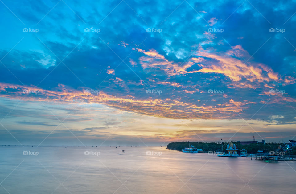 Beautiful dawn scene in BangTaBoon Bay Thailand