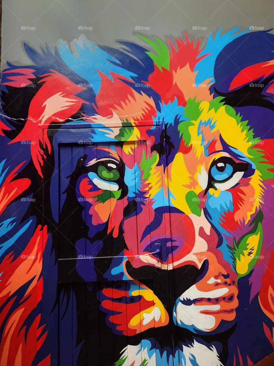 portrait of a male lion painted on a wall