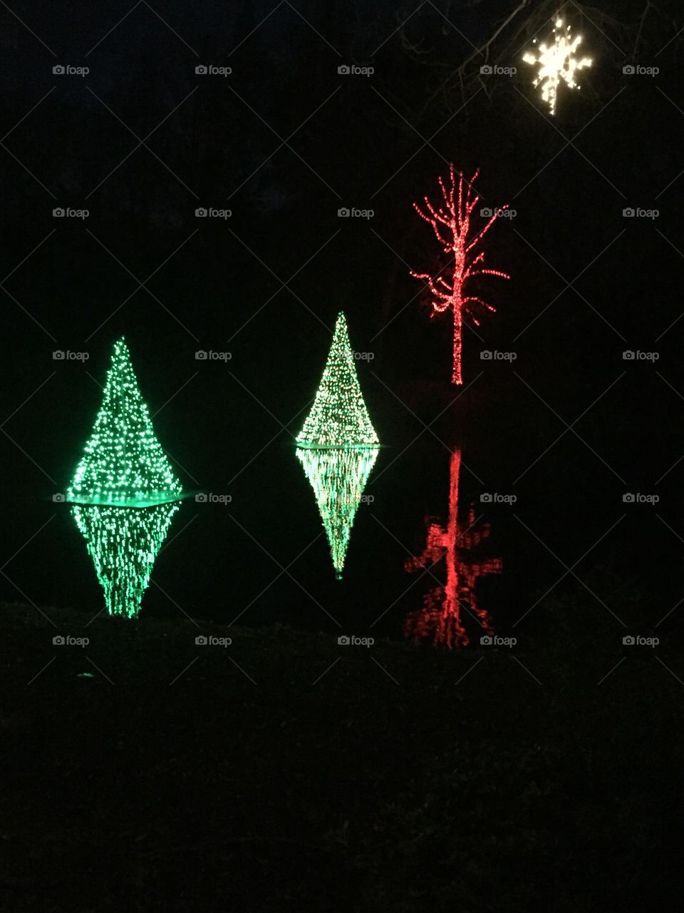 Festive lights. Longwood gardens winter display on the lake
