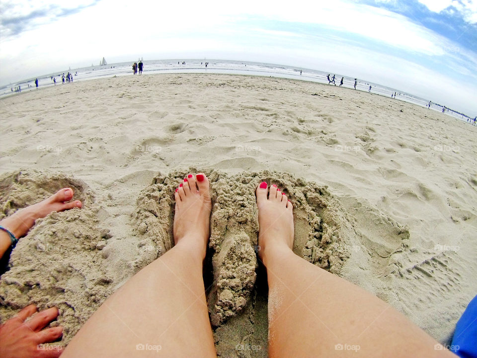 sand on my feet at the beach, top down shot feet, from where I stand