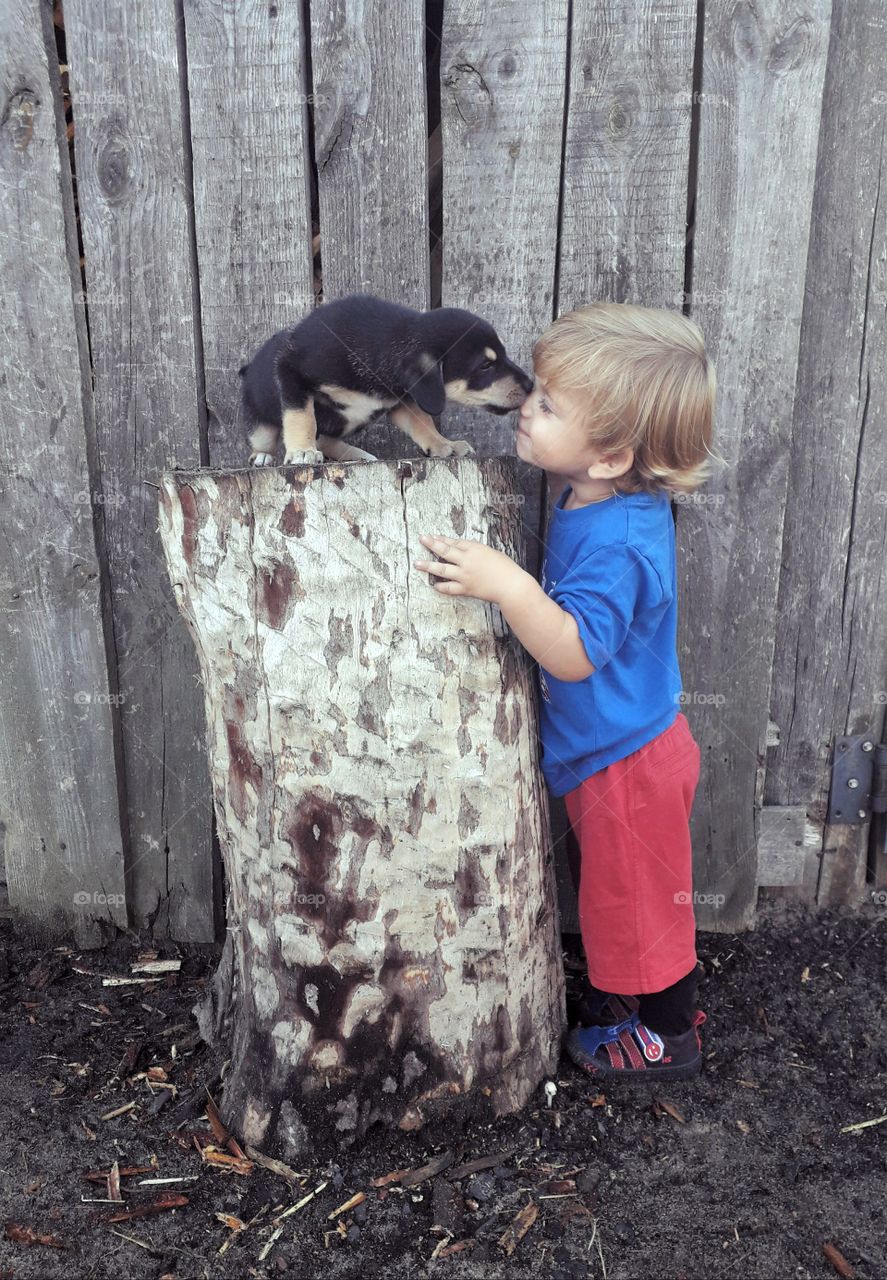 little boy with a puppy