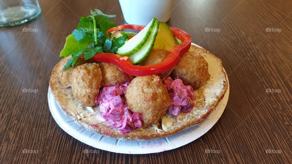 Meatball sandwich with beetroot salad, typical Swedish food 