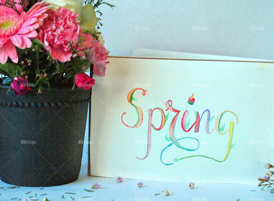 Spring, flowers, watercolor, lettering