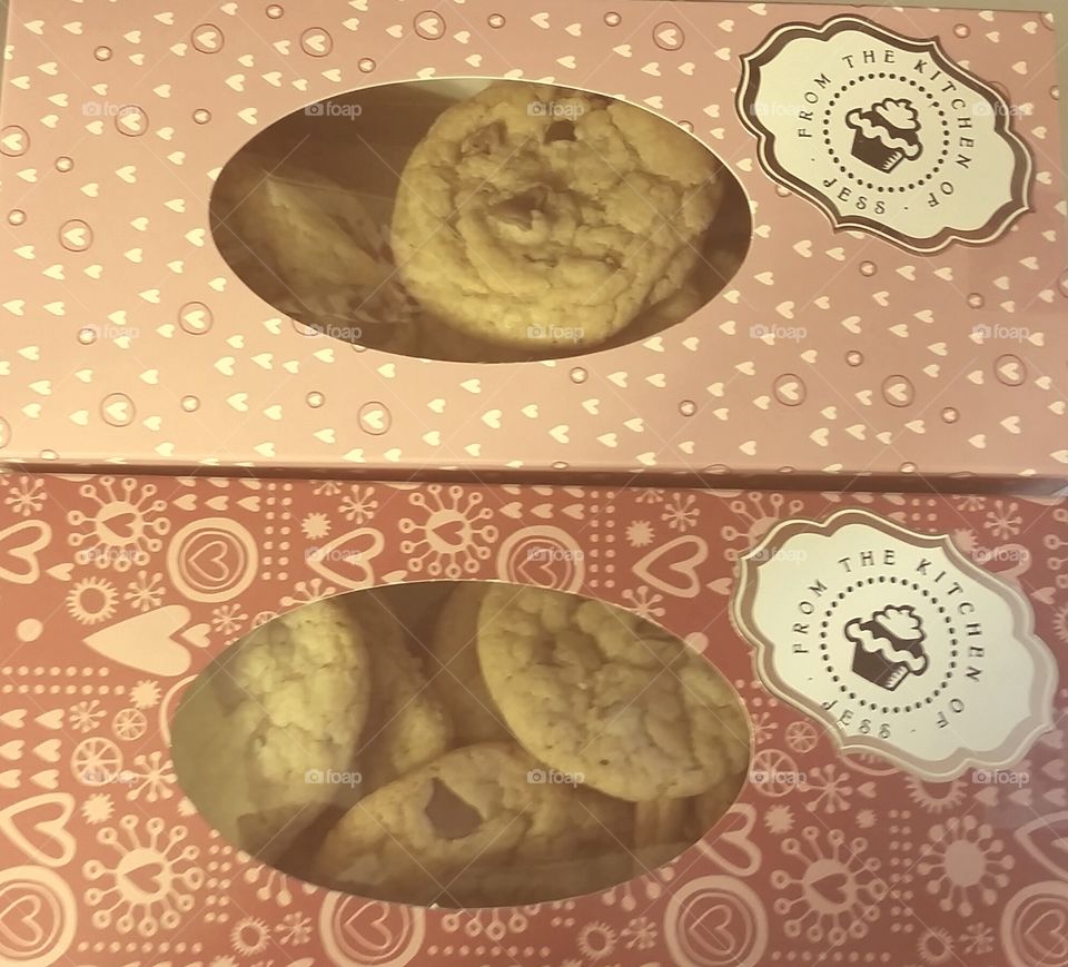From the Kitchen of Jess. Chocolate chip cookies I baked from scratch, boxed up to give to friends. 