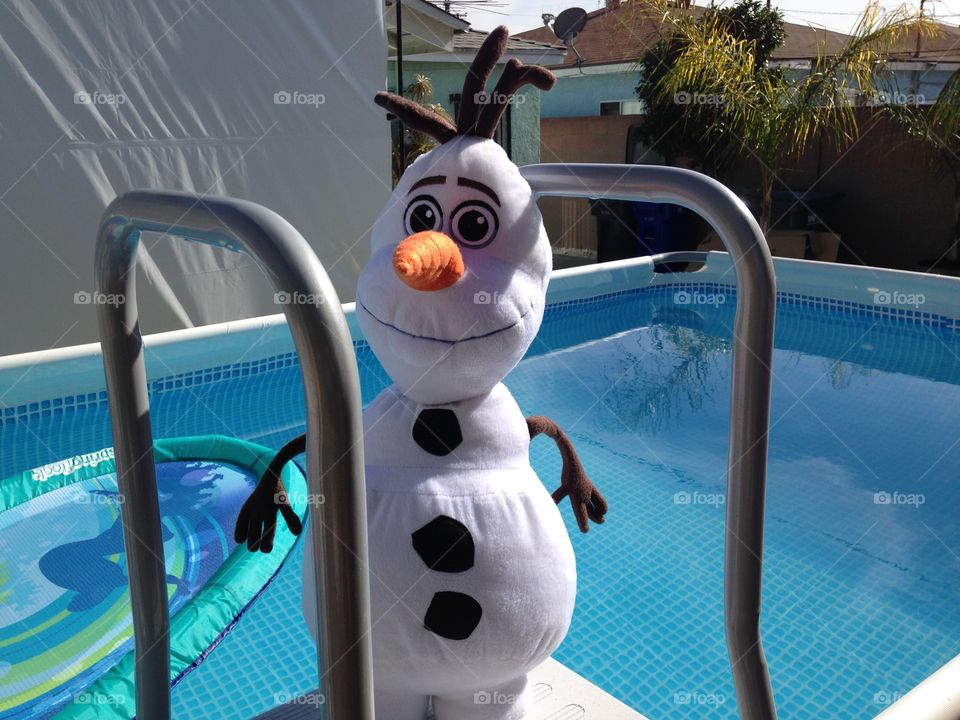 Olaf at the pool. Stuffed Olaf at our backyard pool