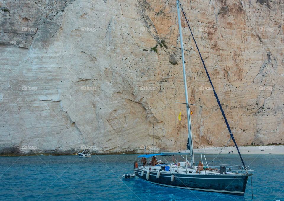 Boat moored at myrtos beach greece