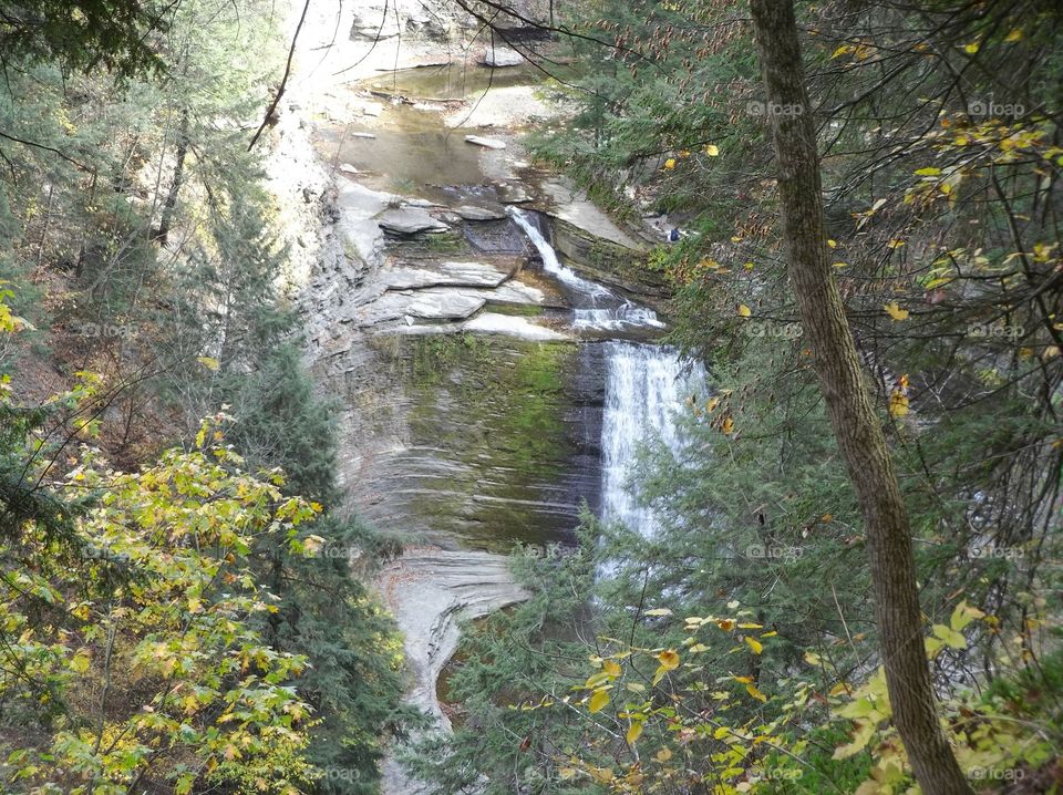 view of waterfall at Stony Brook State Park from West rim trail