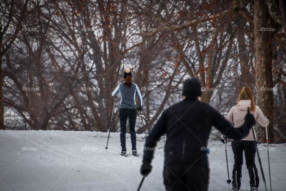 People are cross country skiing