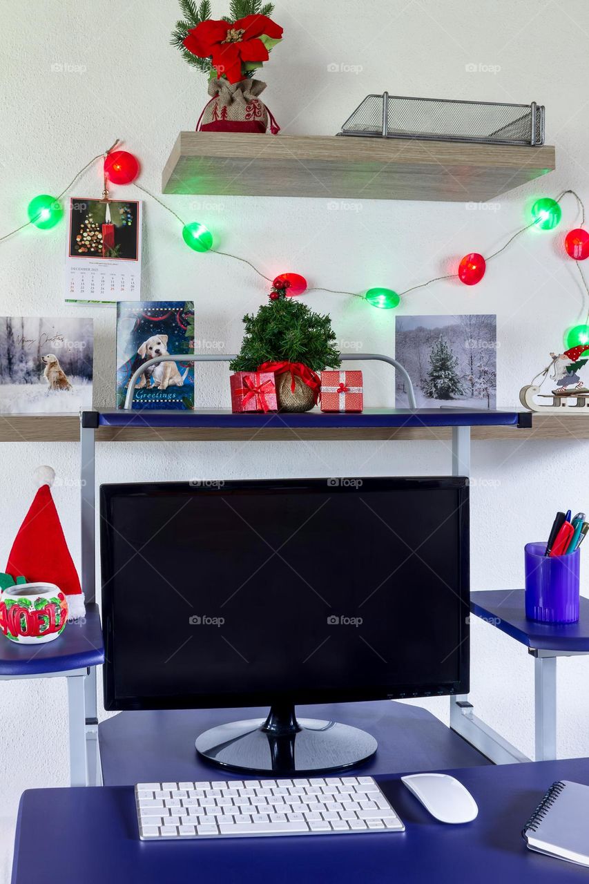 Work desk decorated for Christmas