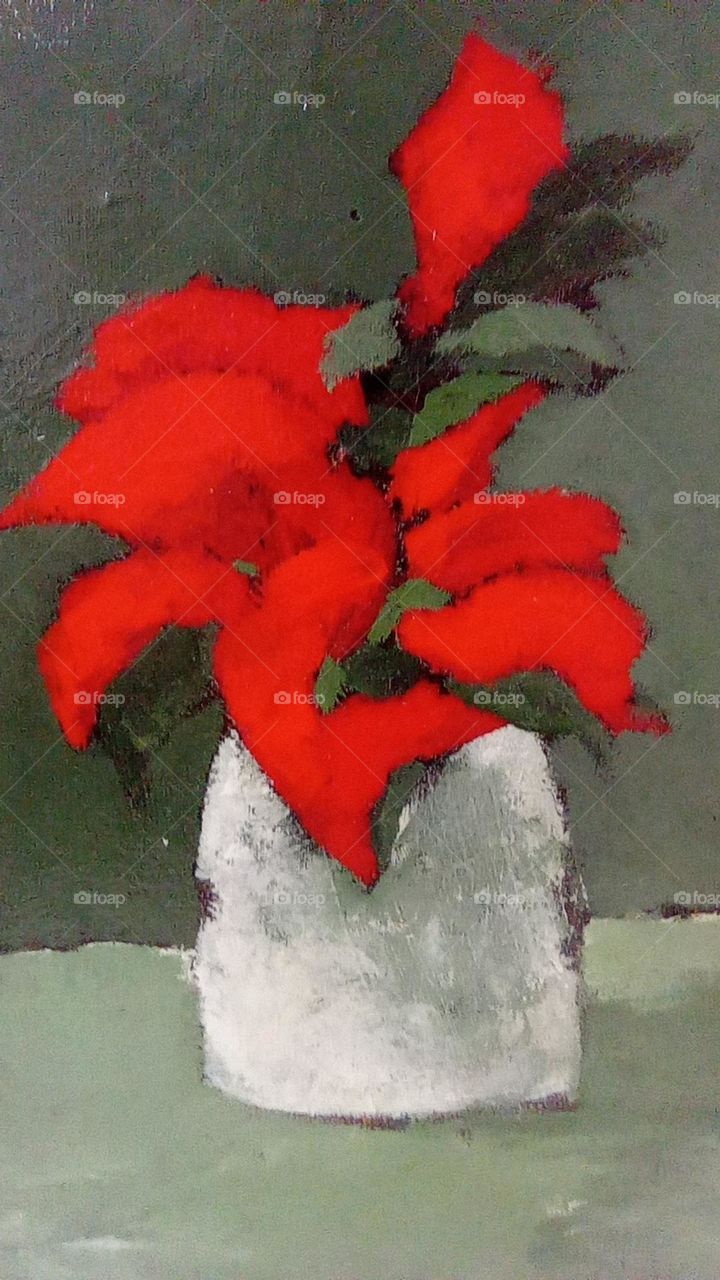 red flower in vase painting -  cuadro Flor roja en  maceta