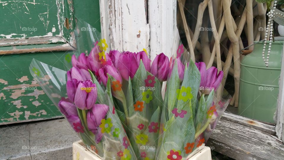 Tulips by the old weathered door of a florist shop