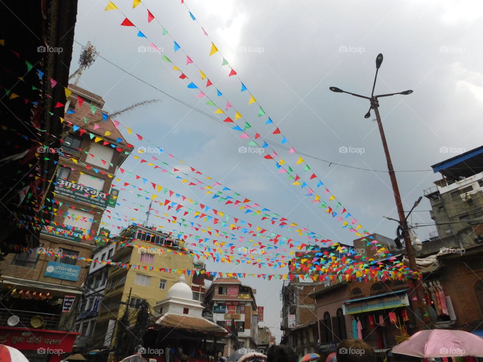 prayer flags in nepal street