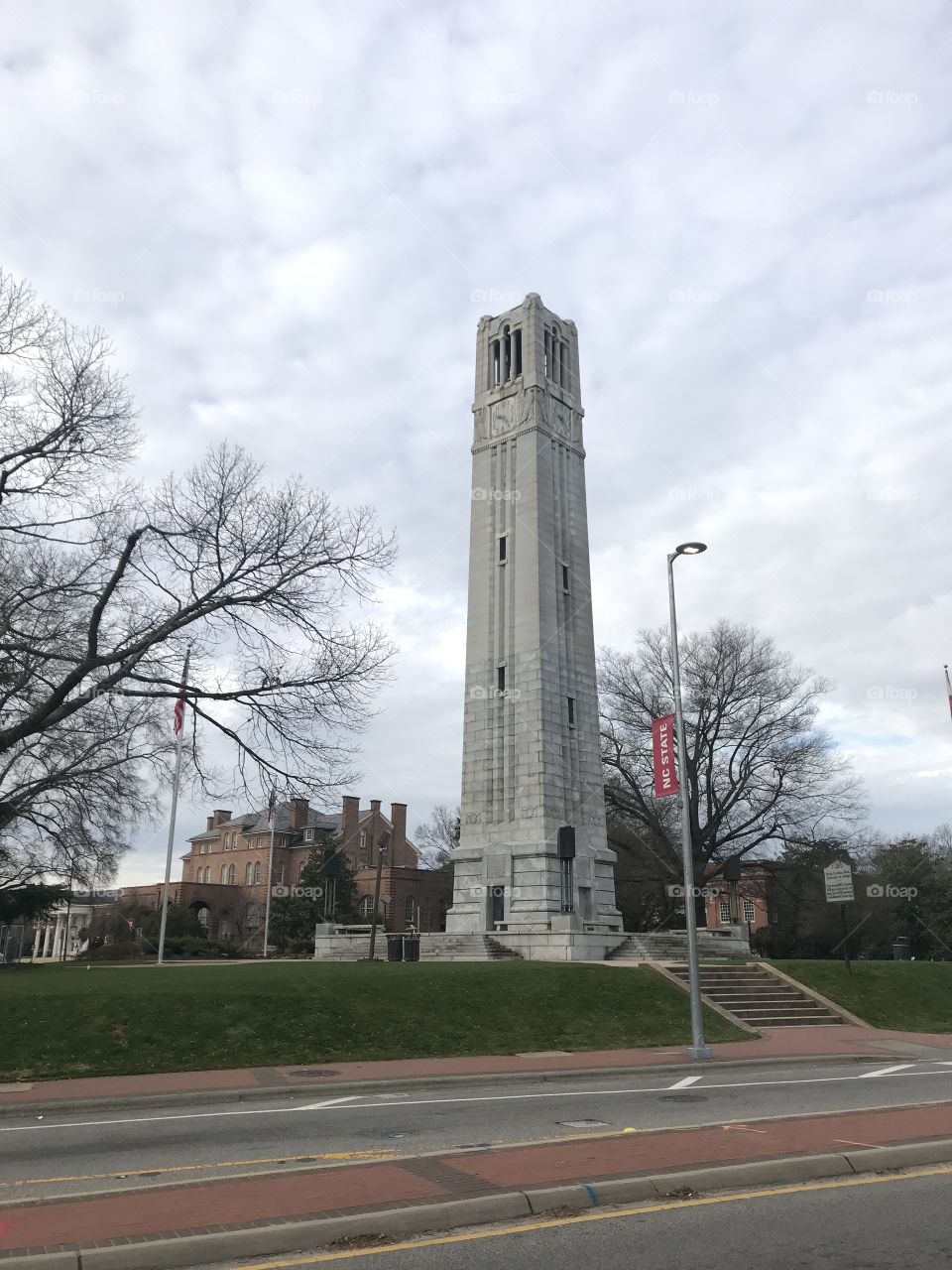 NC State's Bell Tower on a cloudy January morning