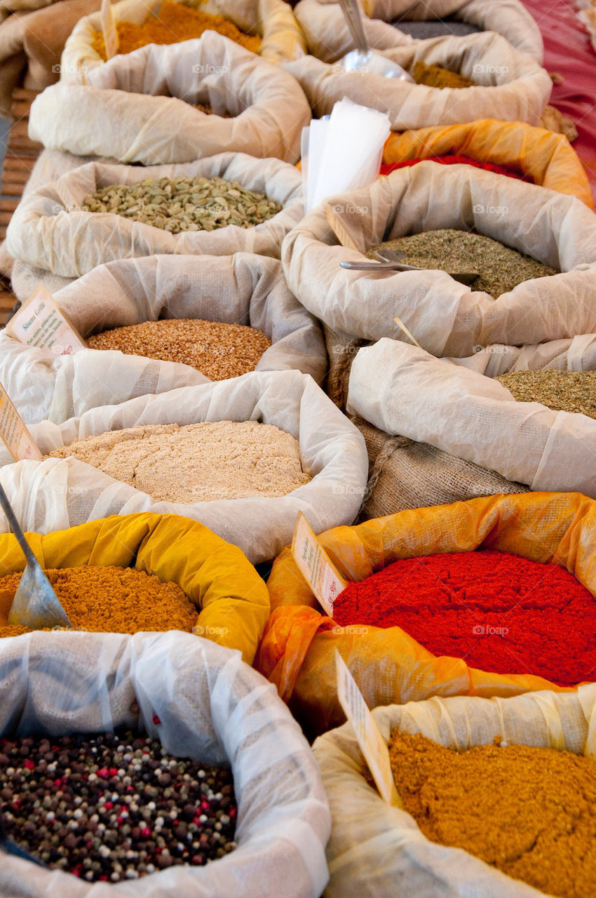 Spices on display at the farmers market in France