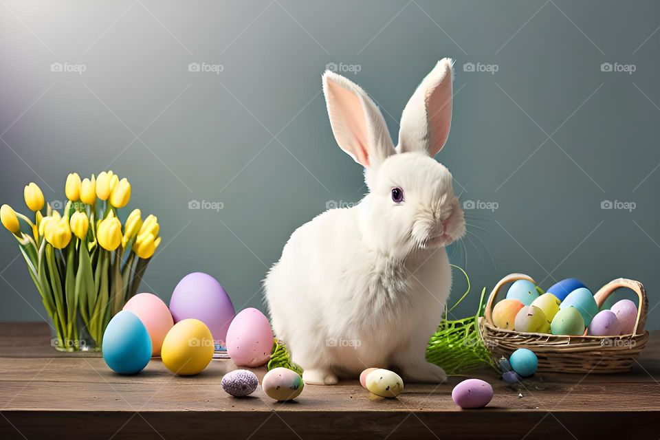 Easter, Easter feast, Easter eggs, colored eggs, Spring, Egg, white rabbit