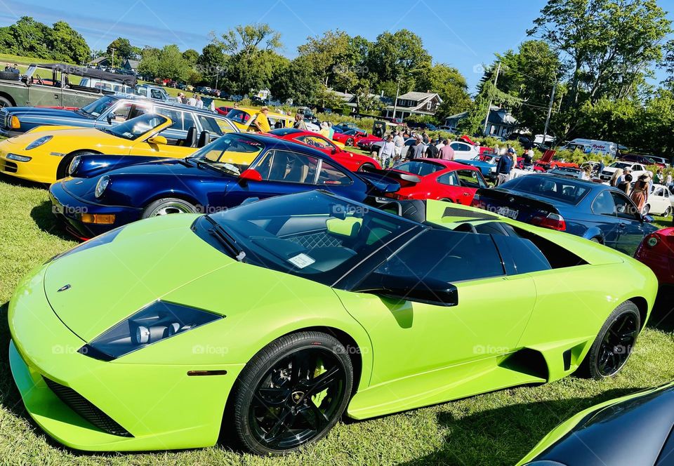 The Lamborghini is an Italian brand of luxury sports cars.  This model is a vibrant lime green and satin black. A show stopper,