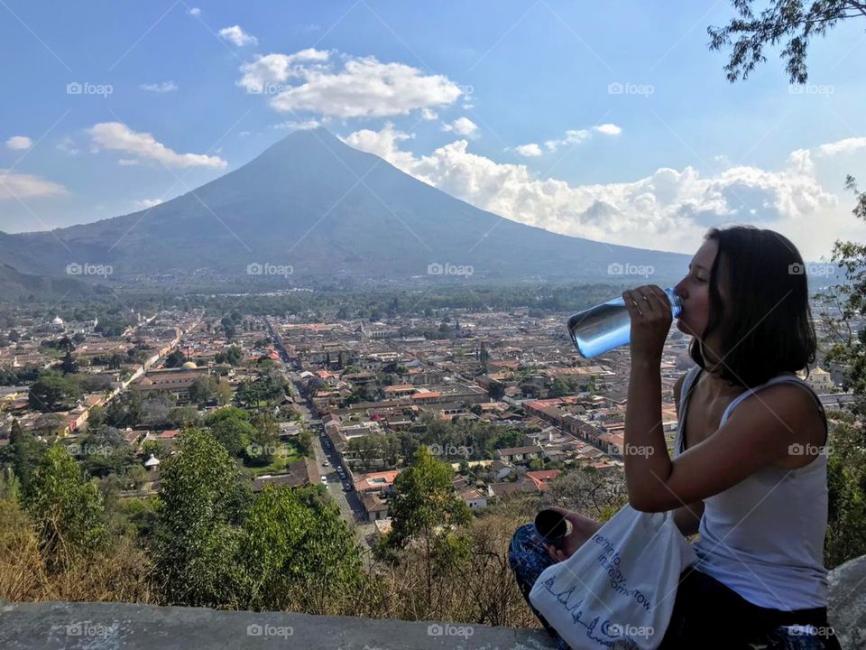 looking over Antigua Guatemala with the majestetic Agua volcano in the backround, Guatemala