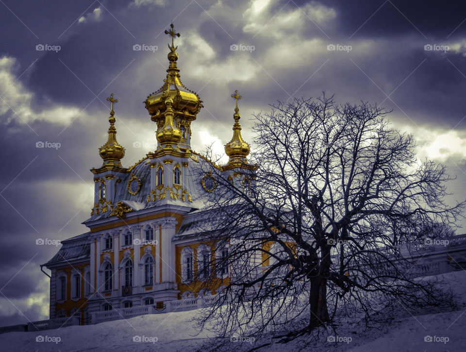 peterhof in winter dark sky