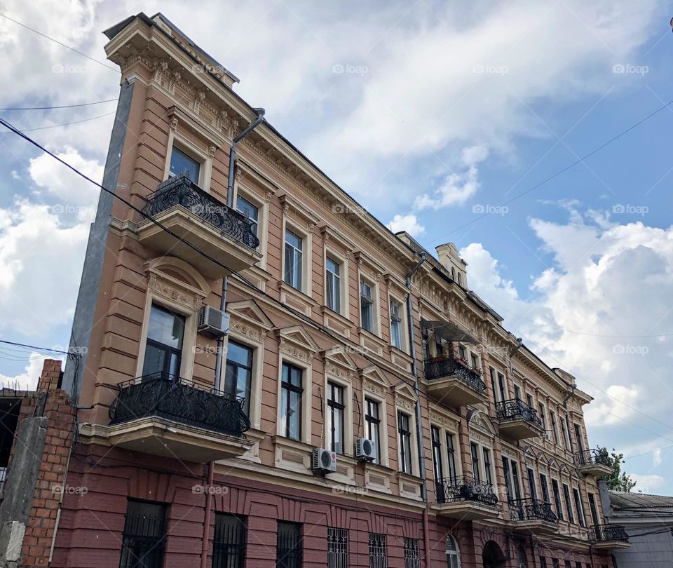 Side view to the bizarre optical illusion one wall thin building in Odessa, Ukraine 