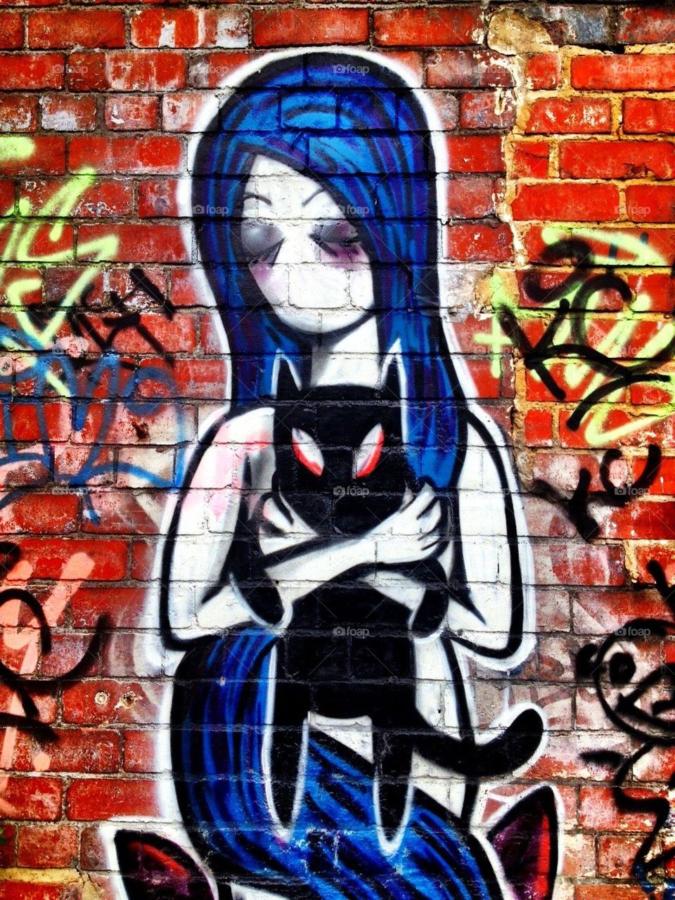 Graffiti art of girl holding cat. 