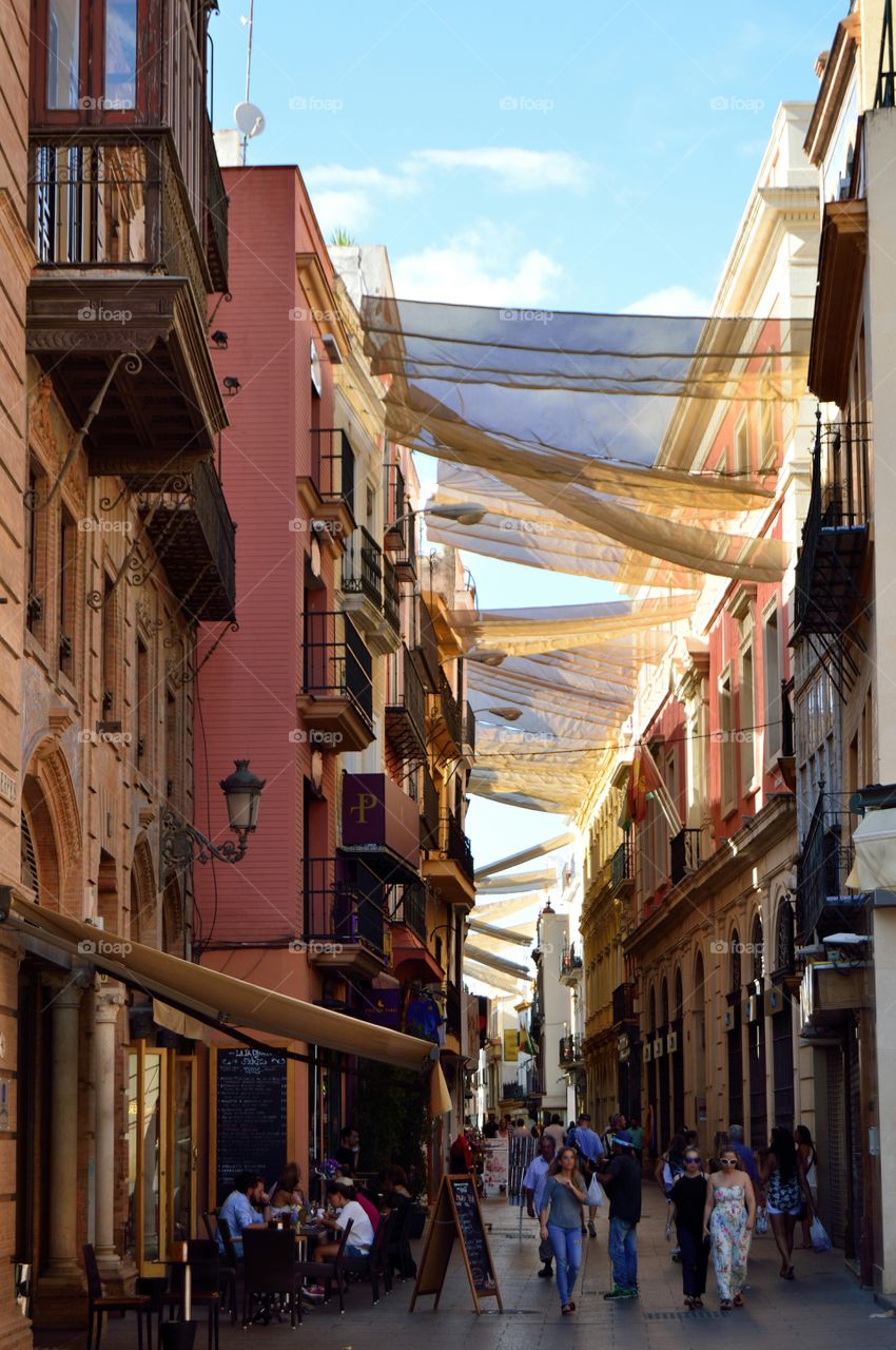 View of a street in Barrio de Santa Cruz, Sevilla, Spain.