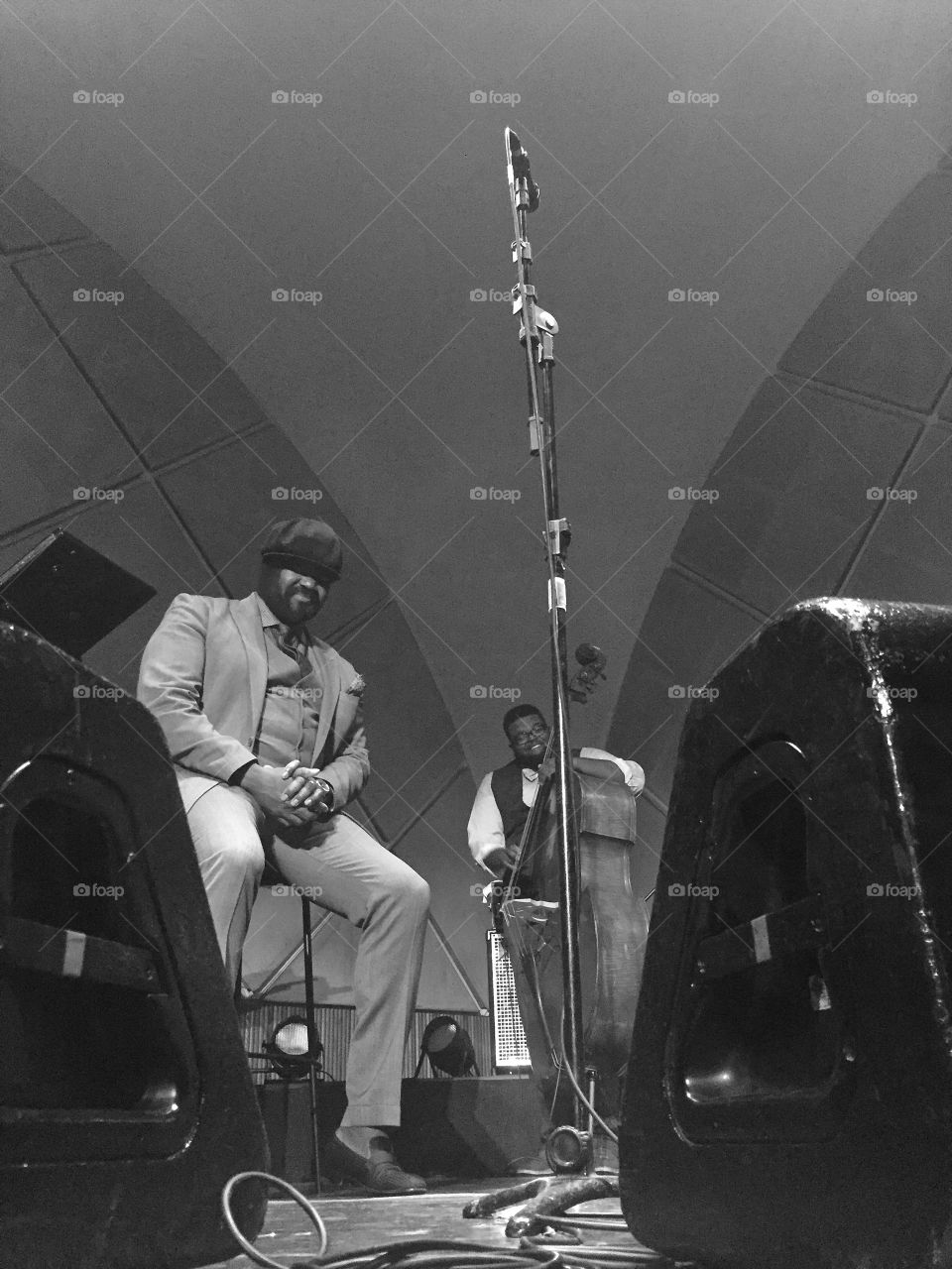 The Grammy Best Jazz Vocal Album winner 2014 and 2017 Gregory Porterwith bassist Jahmal Nichols on stage during show in Sao Paulo, Brazil. 