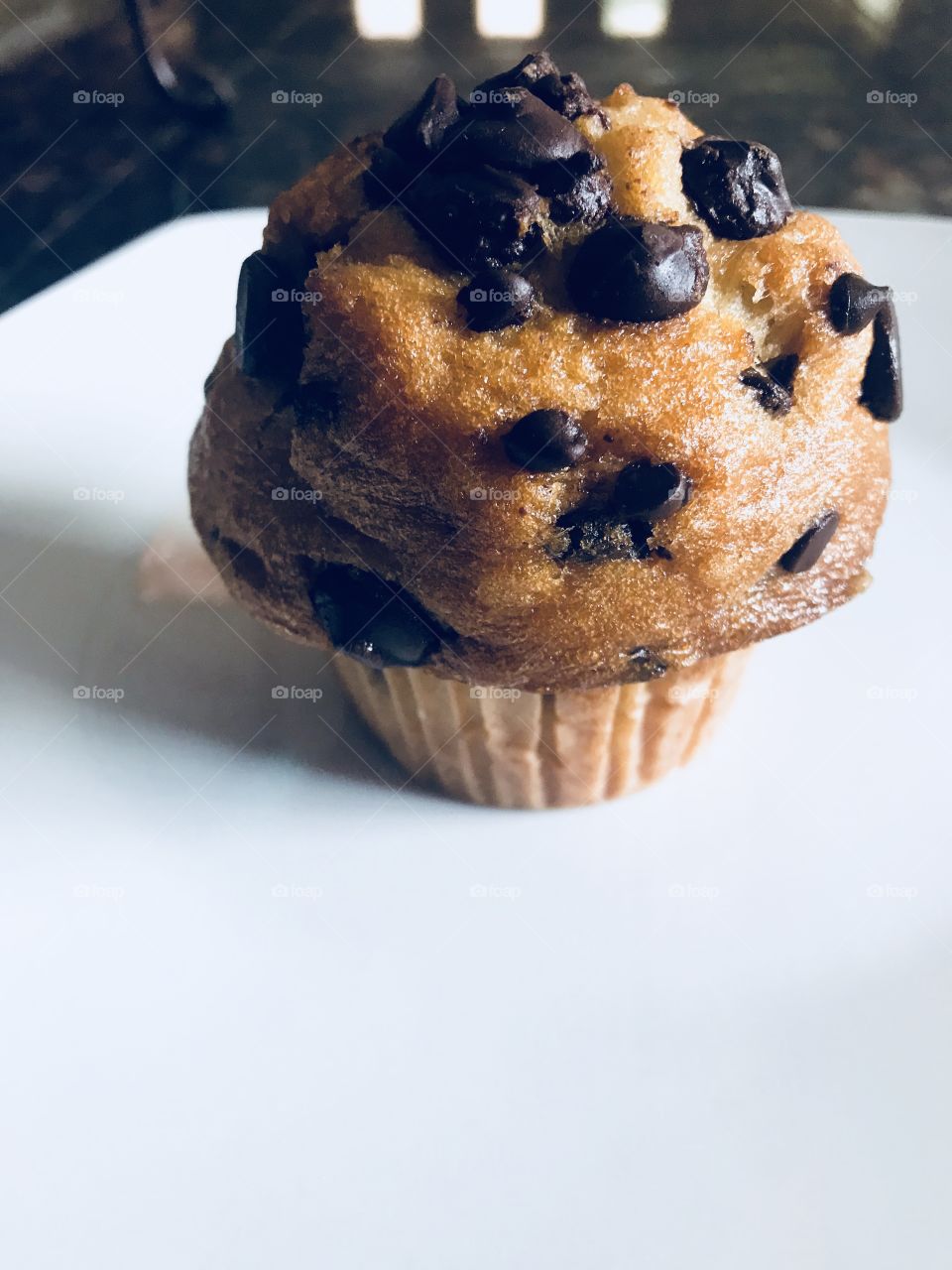 A golden and Delicious chocolate chip muffin sitting on a white plate for breakfast. 