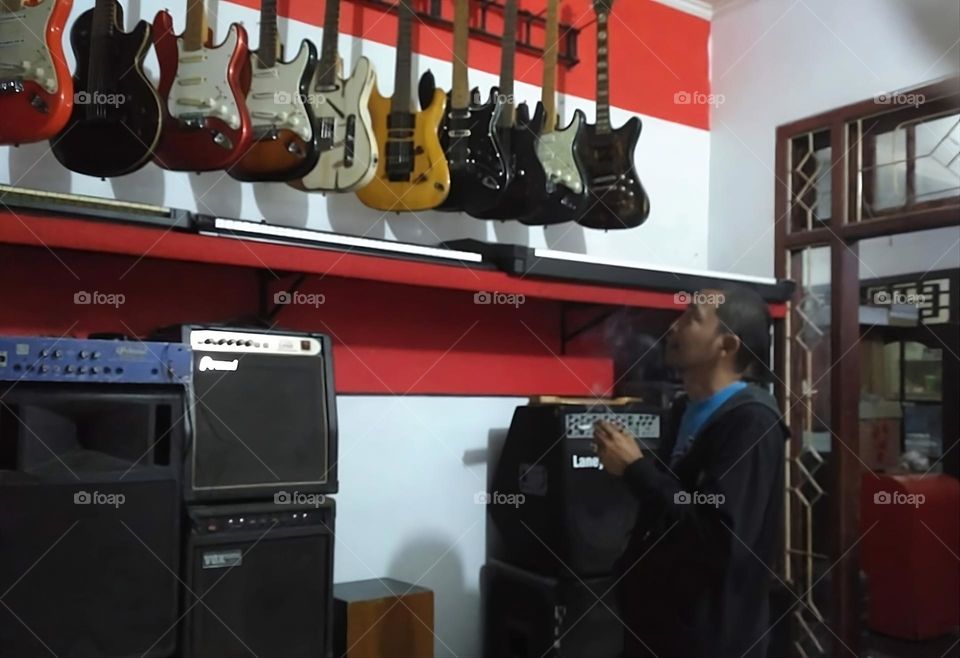 Collection of Electric Guitars and Sounds from a Rural Musician in Palembang, Sumatra, Indonesia