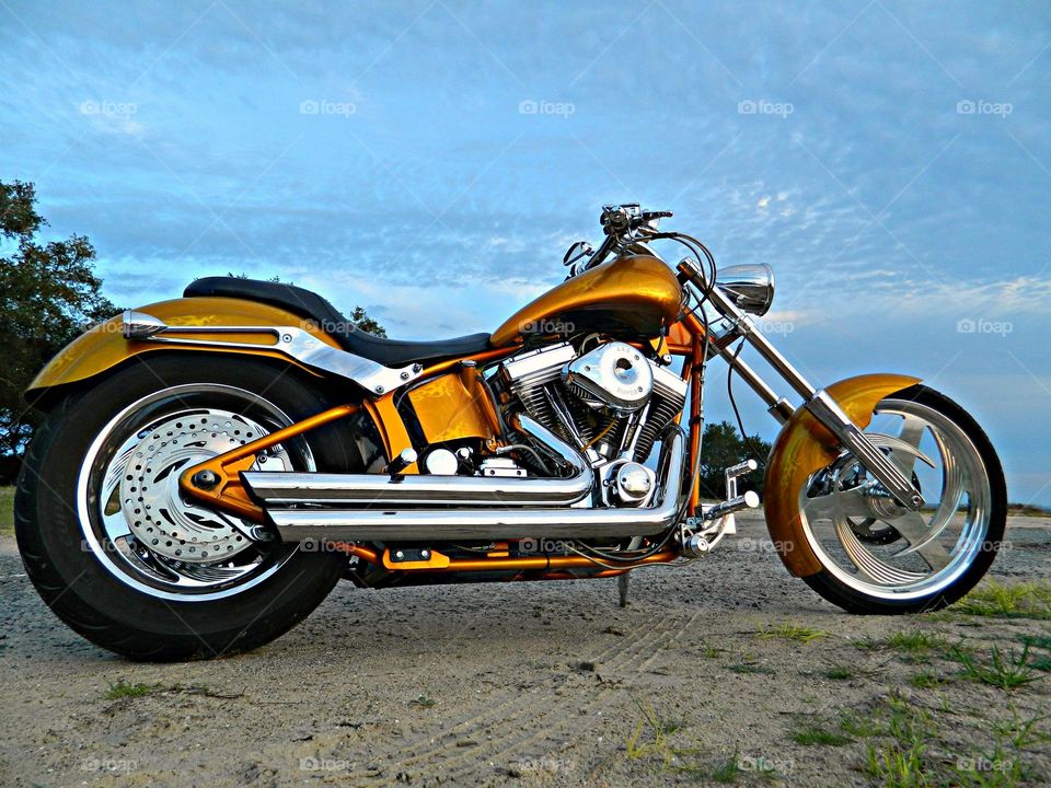 A custom gold chopper parked in front of the bay