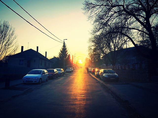Sunset on the street on a winter day