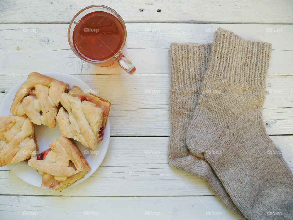 cup of tea, home-made cake and warm socks