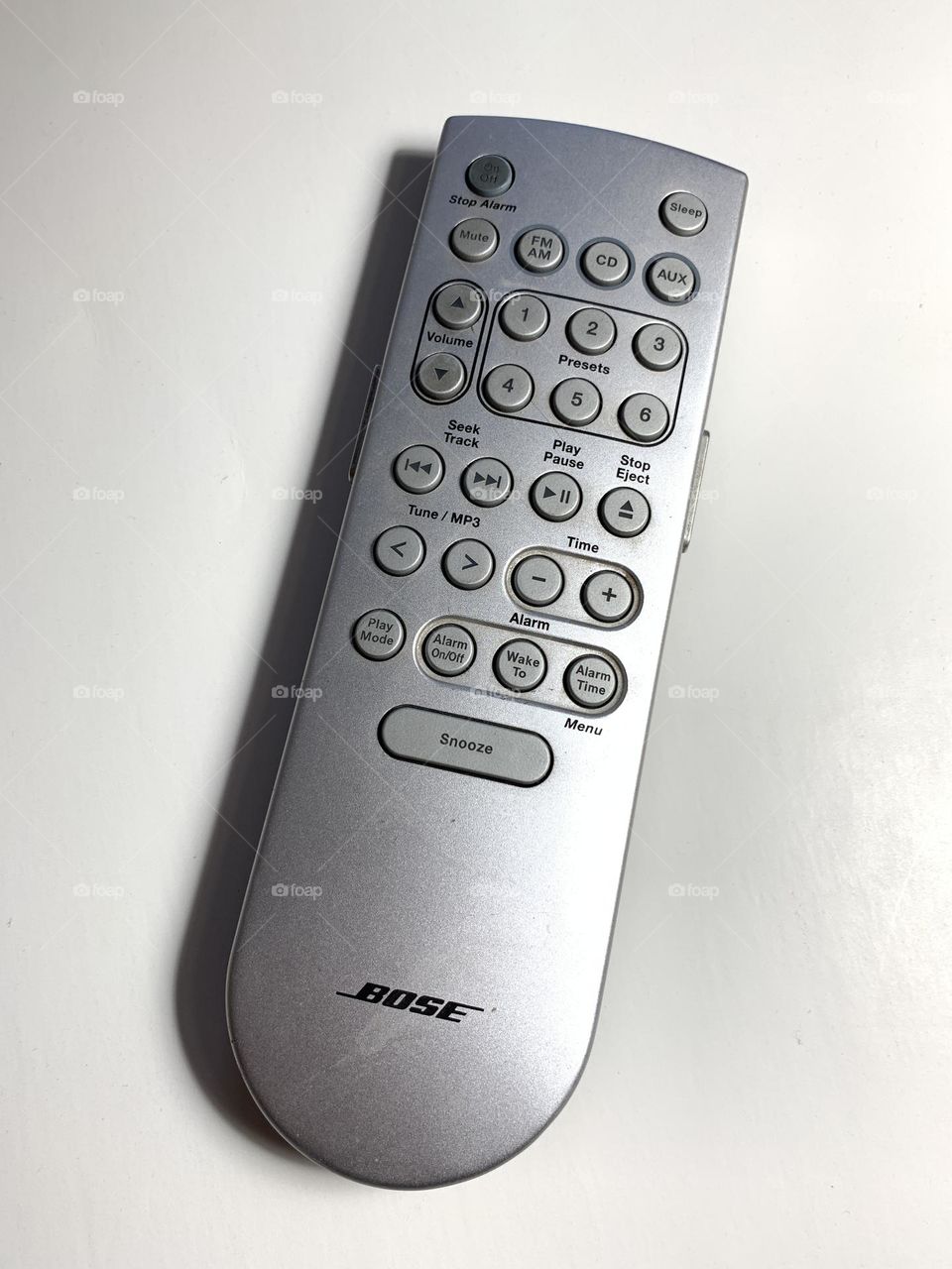 Bose remote control against white background.