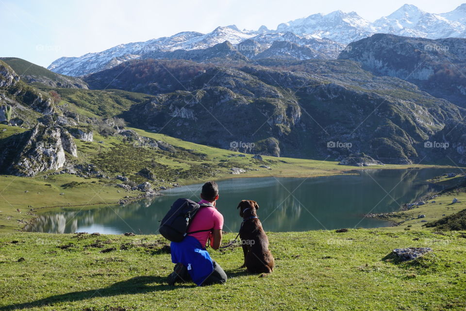 Adventure#training#nature#panorama#lake#human#dog#mountains