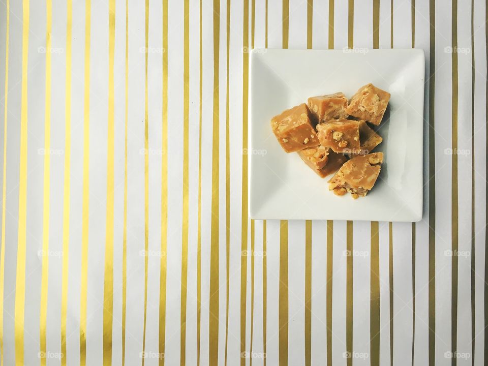 High angle view of jaggery in plate