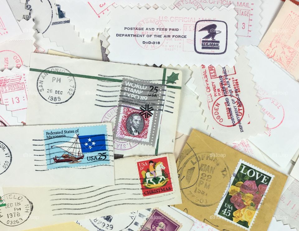 Canceled stamps with postmarks, old stamped envelopes, vintage stamps, stamp collecting