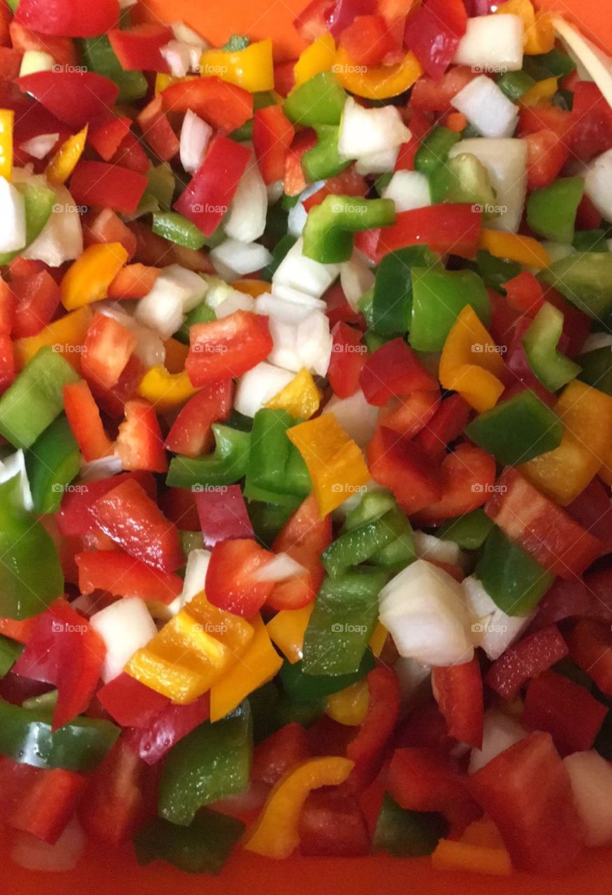 Fresh diced peppers and onions